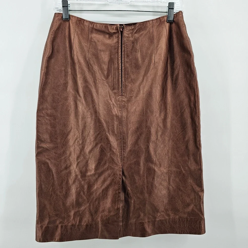 Doncaster Leather Skirt Womens 8 Bronze Metallic Pencil Knee Length Straight